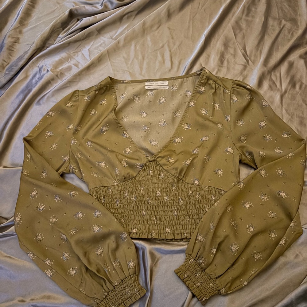 Urban Outfitters Olive Floral Smocked Blouse